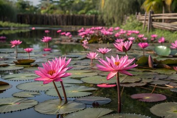 Vibrant pink water lilies bloom majestically in a tranquil pond surrounded by lush greenery under soft sunlight