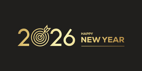 Elegant “Happy New Year 2026” typography in metallic gold on a dark background, modern festive banner design ideal for holiday greetings, party invitations, web headers. © bibin