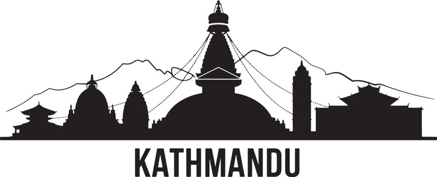 Kathmandu nepal skyline black silhouette with famous temples stupa and himalayan mountains range