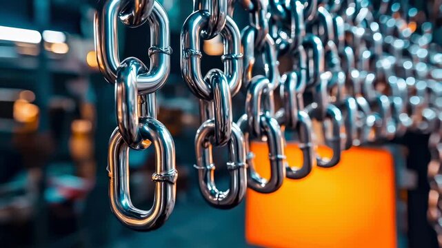 Shiny chain link chrome metal texture industrial workshop closeup steel heavy duty strength security manufacturing machinery with vibrant glow