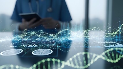 Professional using laptop with digital DNA helix and network connections overlay representing biotechnology research and genetic data analysis.