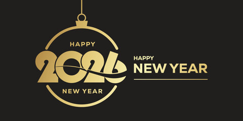 Elegant “Happy New Year 2026” typography in metallic gold on a dark background, modern festive banner design ideal for holiday greetings, party invitations, web headers. © bibin