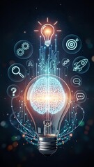 Glowing lightbulb with brain circuit pattern surrounded by business innovation icons on dark starry background for creative technology concepts.
