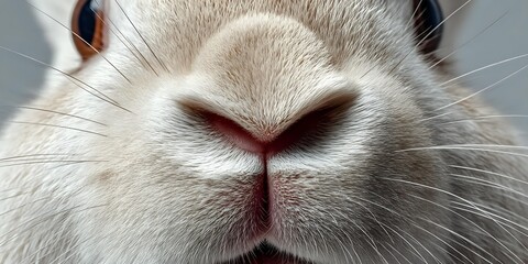 Close-up of rabbit nose and mouth with detailed fur texture and whiskers. Adorable bunny face macro shot for pet care, veterinary, Easter themes.