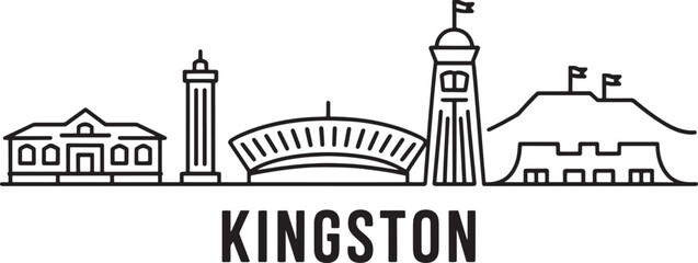 Kingston jamaica city skyline architecture outline featuring national stadium and historical buildings line art