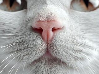 Close-up macro shot of white cat nose and whiskers showing pink nostrils and fine facial fur texture for pet care and veterinary concepts.