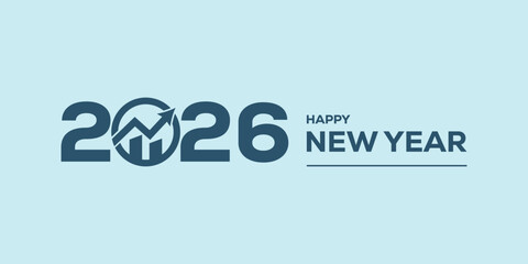 Modern “Happy New Year 2026” typography in bold blue on a light cyan background, clean minimalist holiday banner ideal for greetings, web headers, social media posts.