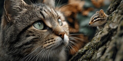 Tabby cat with green eyes looking up while climbing tree branch with small chipmunk nearby in natural outdoor forest setting for wildlife photography.