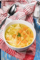 Broth - chicken soup in a bowl.