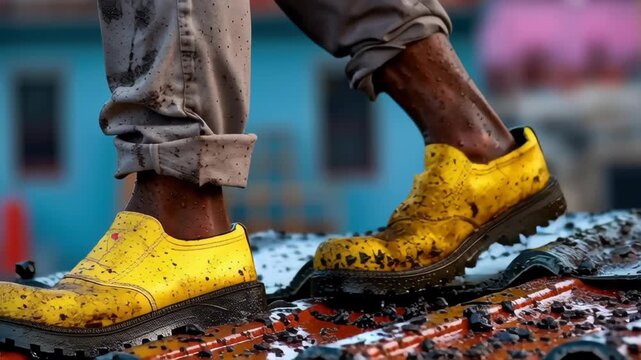 Yellow rain boot on wet roof construction worker safety footwear with waterproof grip, muddy heavy duty tread, gritty texture, urban storm scene
