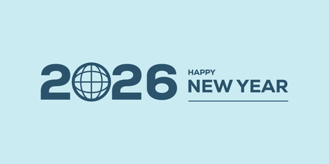 Modern “Happy New Year 2026” typography in bold blue on a light cyan background, clean minimalist holiday banner ideal for greetings, web headers, social media posts.