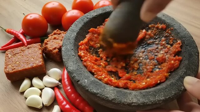Traditional Indonesian Sambal Ulek Preparation with Fresh Ingredients.