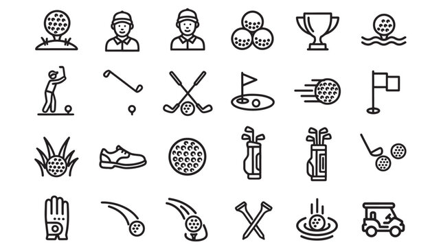 a collection of black and white golf icons including players equipment and course elements on transparent background silhouette high quality professional detailed modern elegant stylish clean