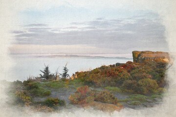 A misty summer sunrise digital watercolour painting of purple heather in bloom in the Staffordshire Peak District.