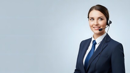 Professional female customer service representative with headset smiling in business suit against gray background for corporate communications.