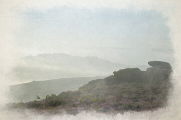 A digital watercolour painting of sunrise, purple heather and mist in the Staffordshire Peak District.