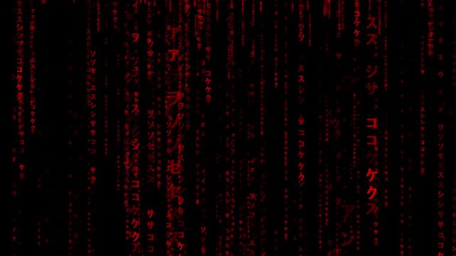 Red matrix code digital rain background cyberpunk technology data stream hacking virtual reality simulation abstract dark screen effect