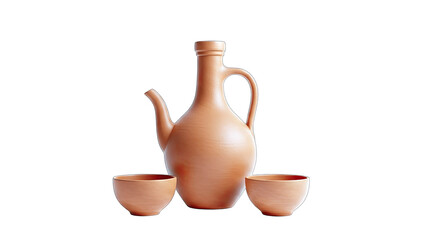 Clay Jug and Cups on White Background