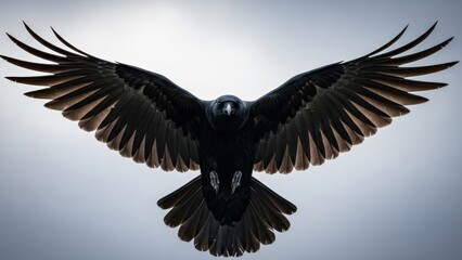 Obraz premium Majestic raven in powerful flight extends wide wings, its dark form backlit dramatically against a bright, expansive sky