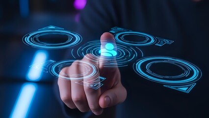 Businessman touching glowing blue holographic interface with circular digital elements in futuristic technology concept for innovation and connectivity.