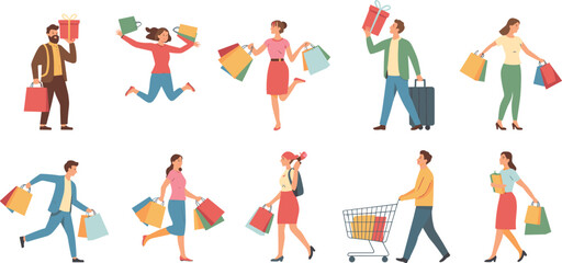 Happy shoppers, people carrying bags, gift shopping, walking customers, retail buyers, sale shoppers, shopping cart, cartoon characters, flat shopping illustration
