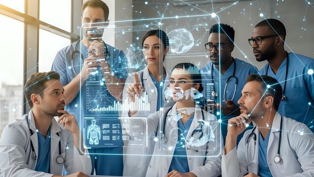 Diverse medical team collaborating with futuristic holographic technology interface displaying brain scans and digital health data in modern hospital. - Powered by Adobe