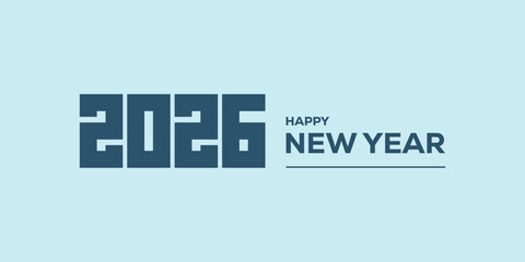 Modern “Happy New Year 2026” typography in bold blue on a light cyan background, clean minimalist holiday banner ideal for greetings, web headers, social media posts. © bibin