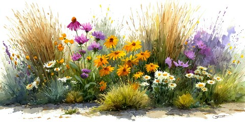 Watercolor wildflower meadow with ornamental grasses, purple cosmos, orange marigolds and white daisies in natural garden border composition.