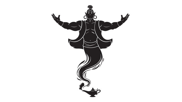 a detailed black silhouette of a genie emerging from a lamp with swirling smoke and ornate clothing on transparent background high quality professional modern elegant stylish