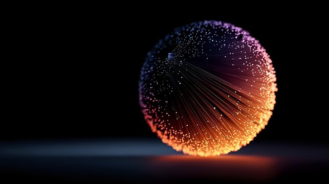 Abstract glowing sphere with particle effects and radial light rays on dark background for digital art and futuristic design projects.