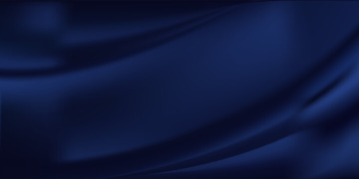 Navy blue silk satin. Silky shiny fabric. Dark luxury background with space for design. Banner. Wide. Long. Panoramic. Template. Empty. Flat lay, top view table. Beautiful.Elegant.Birthday,Christmas.