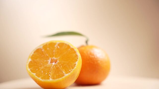 Halved mandarin rotates on a clean surface with a whole fruit softly blurred behind. Minimal warm backdrop highlights fresh citrus detail.