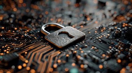 Digital security padlock on circuit board with glowing connections representing cybersecurity data protection and network safety technology concept.