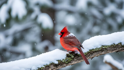 Vibrant Red Cardinal Perched on Snow-Covered Branch in Winter Forest