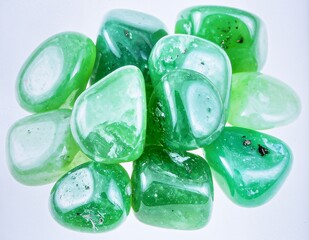 A pile of tumbled aventurine stones in green with sparkling inclusions, isolated on clean white background.