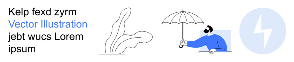 Branding, education, weather forecast, nature, creative design, protection concept. Artistic design with text, plants man holding umbrella and lightning symbol. Creative design and weather forecast