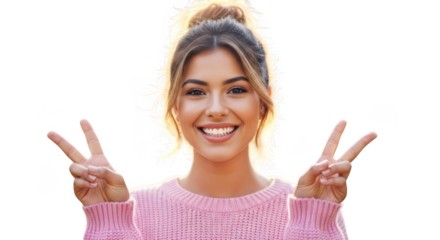 Happy young woman makes peace signs with bright smile illuminated by soft light transparent background black background