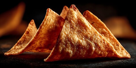 Golden crispy tortilla chips arranged in triangular stack on dark surface with warm lighting, ready for snacking, appetizers, and Mexican cuisine presentations.