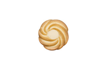 A top-down view of a single, golden-brown swirl butter cookie with a white vanilla filling center. The cookie is isolated on a pure white background, emphasizing snack time, baking, and sweet desserts