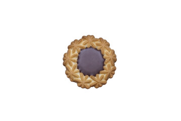 A top-down close-up of a single, golden-brown butter cookie with a decorative flower-like edge and a solid dark chocolate center. 