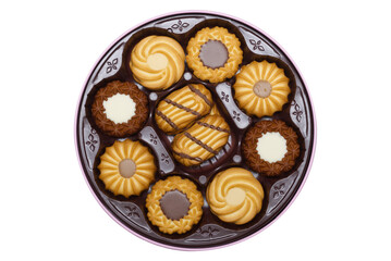A top-down view of a round tin filled with various types of assorted butter cookies, including chocolate-dipped, swirl, and chocolate-filled varieties. 