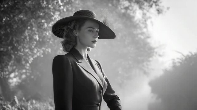 woman resembling Ingrid Bergman, wearing an elegant vintage hat and a classic tailored suit. standing tall and proud, a soft but determined expression