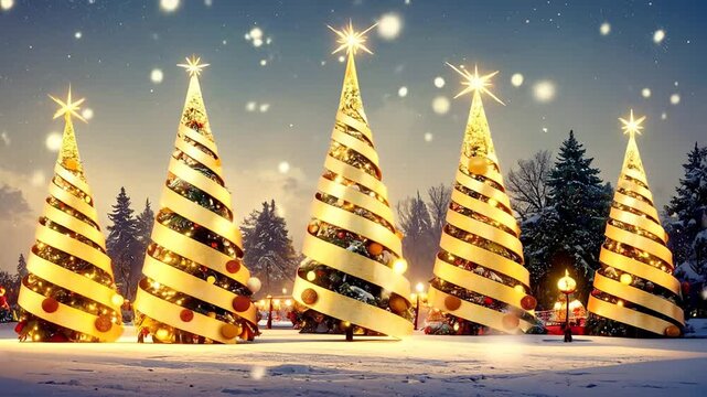 A row of glowing, conical structures with star toppers and decorative swaths in snowy landscape
