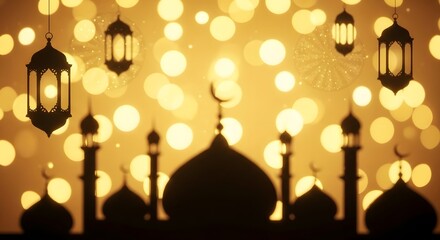 Golden ramadan background featuring illuminated lanterns a crescent moon and a silhouetted mosque against a blurred light effect