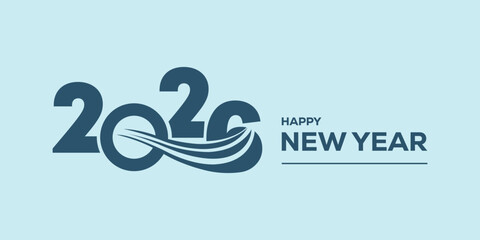 Modern “Happy New Year 2026” typography in bold blue on a light cyan background, clean minimalist holiday banner ideal for greetings, web headers, social media posts.