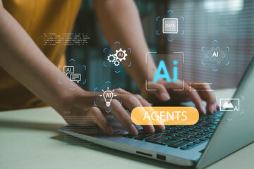Hands typing on a laptop with glowing AI agent icons, representing automation, data processing, machine learning, and digital innovation for modern business and technology solutions.