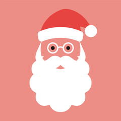 Minimal Santa face with glasses, white beard, and red hat on a soft pink background.