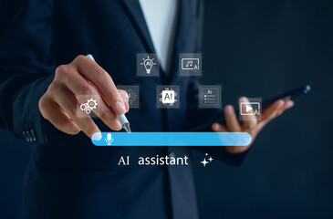 AI assistant concept featuring professional using digital pen and tablet to interact with smart AI icons, showcasing innovation, automation, and intelligent technology in modern digital workflows.