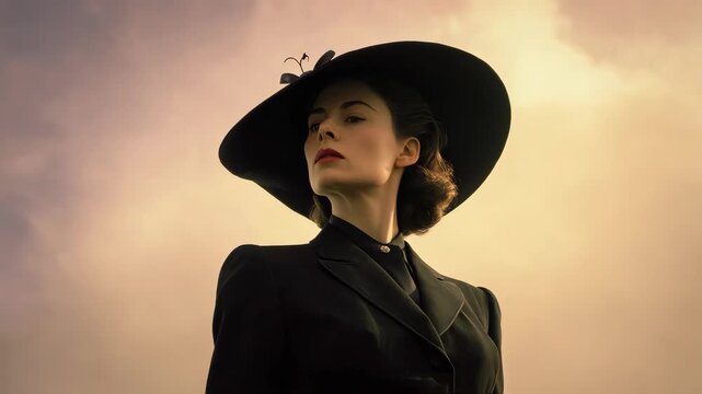 woman resembling Ingrid Bergman, wearing an elegant vintage hat and a classic tailored suit. standing tall and proud, a soft but determined expression