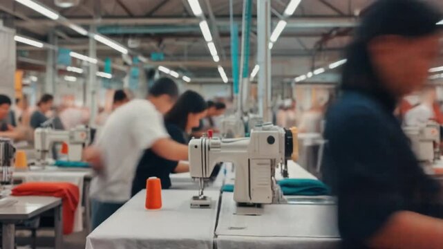 Busy textile factory floor with workers sewing garments on machines